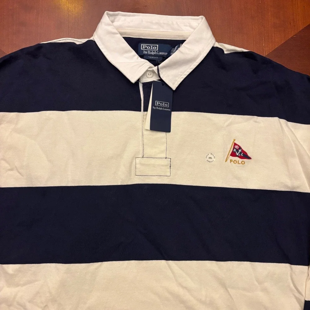 Polo Ralph Lauren M XXL NWT Oversized Fit Stripe Jersey Rugby Shirt Navy/White